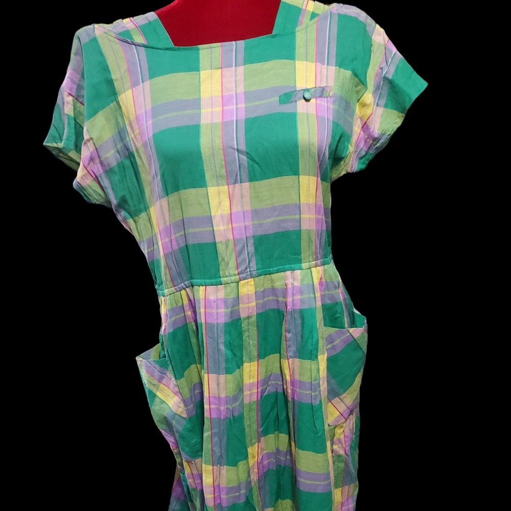 Vintage Green Plaid Casual Pocket Dress - Lightweight Summer Style